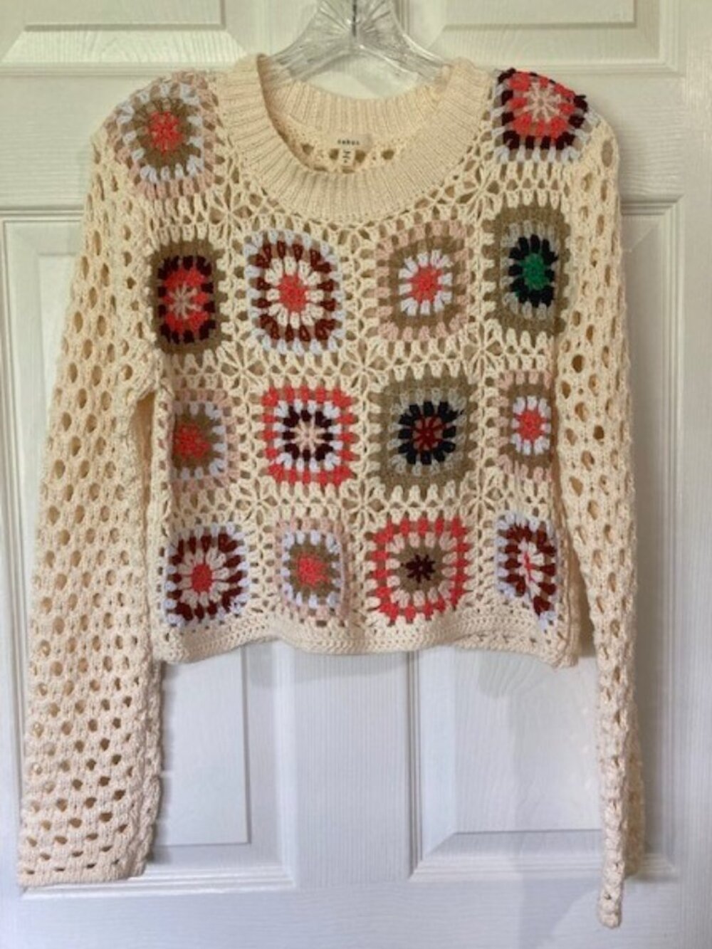 Dreamers by Debut Open Knit Granny Square Crochet Cropped Sweater Small Boho